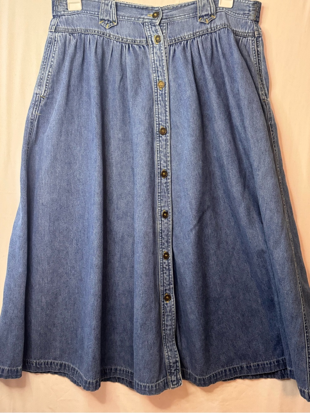 Classic Button-Front Denim Midi Skirt — Blue